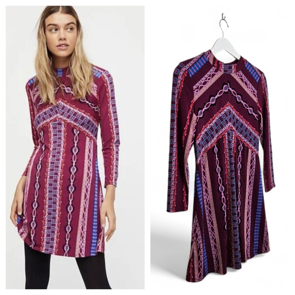 Free People Mini Dress S Stella Tribal Print Mock Neck Boho Festival Purple NWT